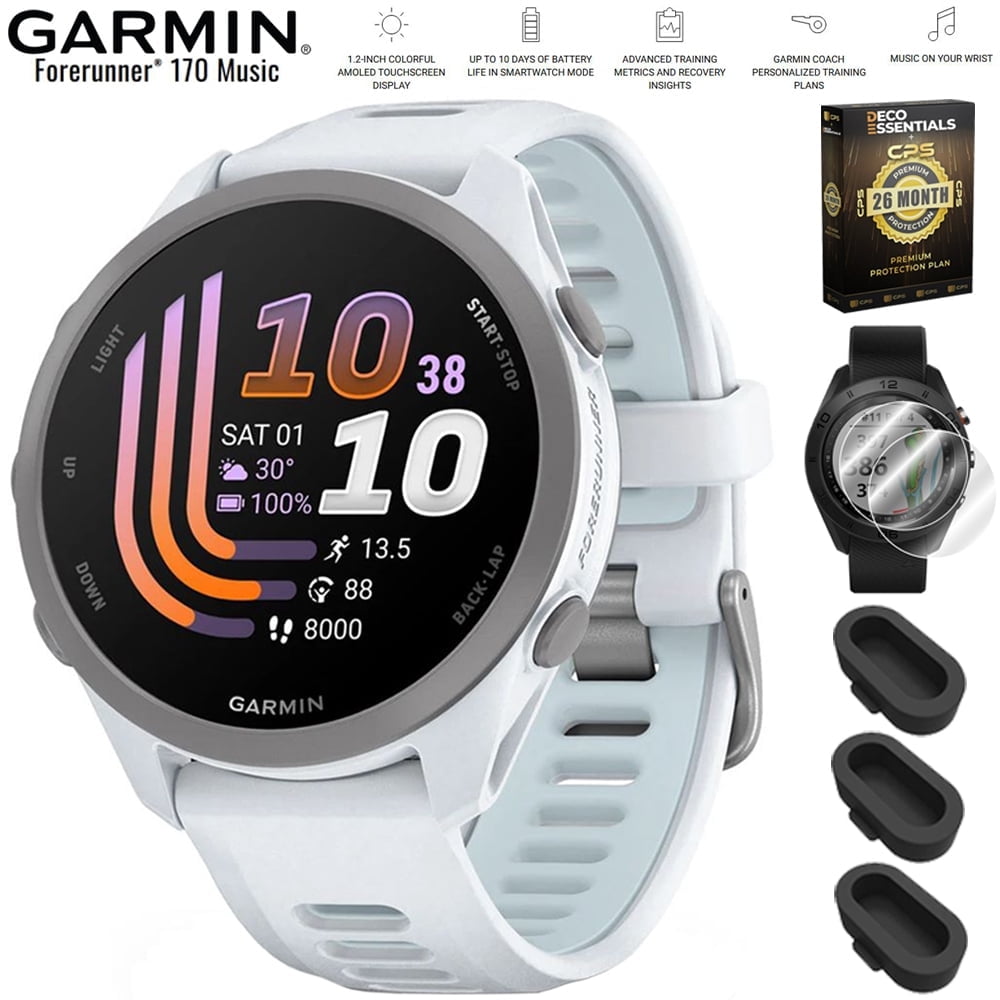 Garmin Forerunner 170 Music Whitestone/Cloud Blue 010-03920-11 Bundle with 2-Pack Screen Protector, Dust Cover 3 Pack and Deco Essentials Exclusive 26 Month CPS Enhanced Protection Pack