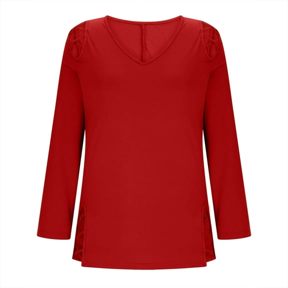 XuJwPNcy Women's Plus Size Tops Long Sleeve V Neck Tee Shirt Basic Womens Loose Fit T Shirt Dressy Casual Blouse（Red,X-Large)