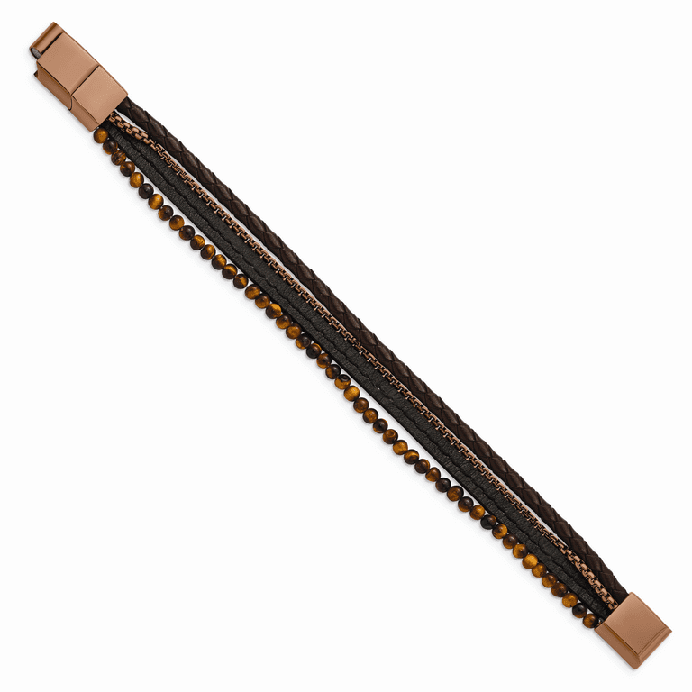 Stainless Steel Polished Brown IP Tiger's Eye Leather Bracelet Stainless Steel Polished Brown IP Tiger's Eye Leather Bracelet