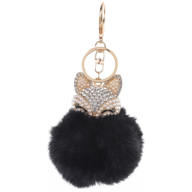 EeaseMX Llavero de bola esponjosa con perlas incrustaciones de cadena de llavero para el bolso de las mujeres / teléfono móvil / colgante del coche (negro)