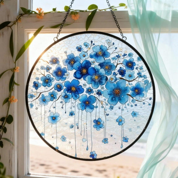 Glass Suncatcher - Forget me not Flower Window Hanging Decor, Stained Glass Style, Acrylic Suncatcher, Gift for Mom, Grandma, Flower Lovers 6 INCHES