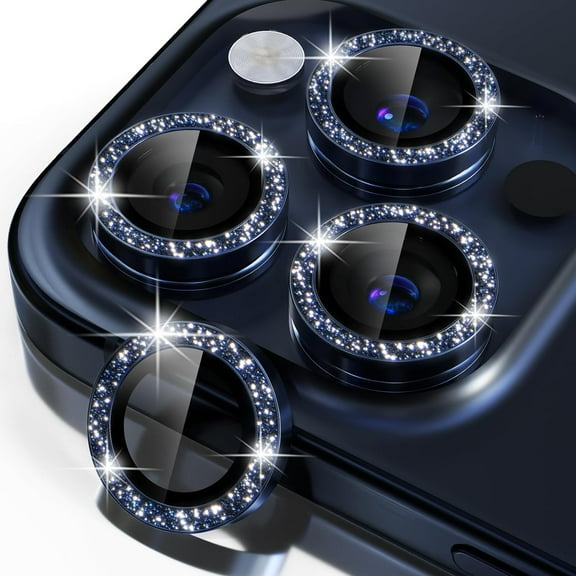 Compatible for iPhone 15 Pro/iPhone 15 Pro Max Camera Lens Protector Bling, 9H Tempered Glass Camera Cover Screen Protector Metal Individual Ring Protector Decoration Accessories, Blue Glitter