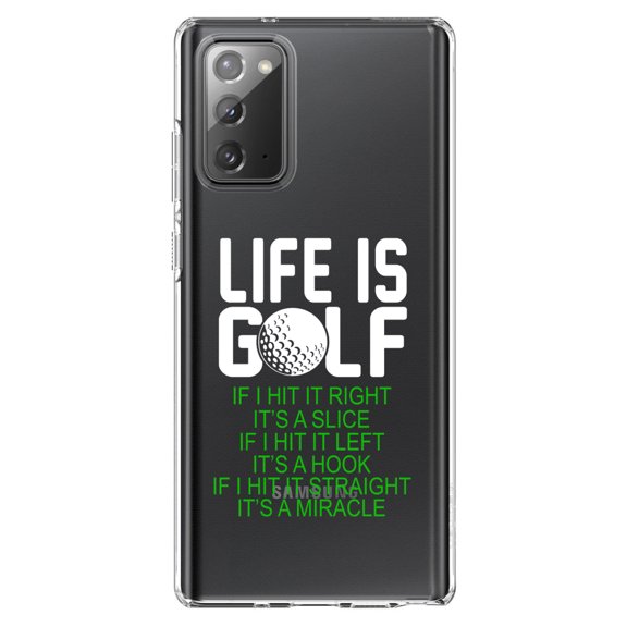 DistinctInk Clear Shockproof Hybrid Case for Samsung Galaxy Note 20 (6.7" Screen) - TPU Bumper Acrylic Back Tempered Glass Screen Protector - Life is Golf Slice Hook Straight Miracle