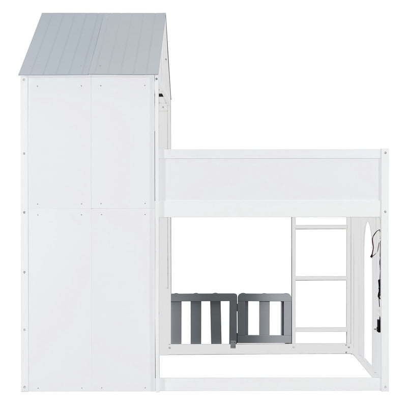 Full over Full House-Shaped Bunk Bed with Roof and Window, Kids/Teens Playful Designed Bed Frame with Fence and LED Light