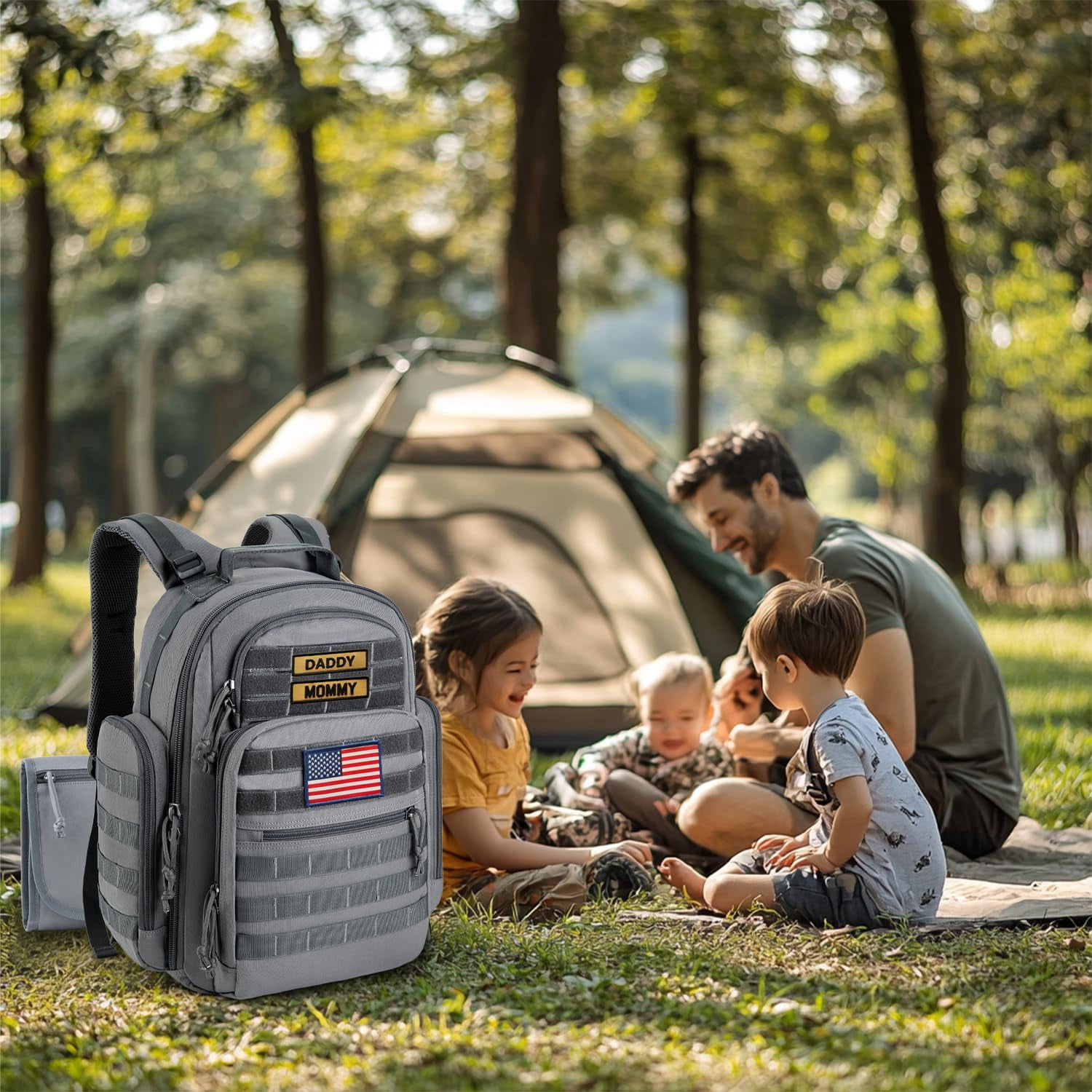 SHARKMOUTH Diaper Bag with Changing Pad - Large Military Baby Diaper Backpack for Hiking Travel Camping - Army Style for Men Active Dad Gray