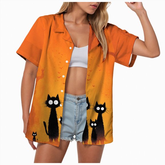 Towmus Womens Halloween Hawaiian Shirt Cute Pumpkin Ghosts Print Button Down Shirts Short Sleeve Summer Cardigan Tops