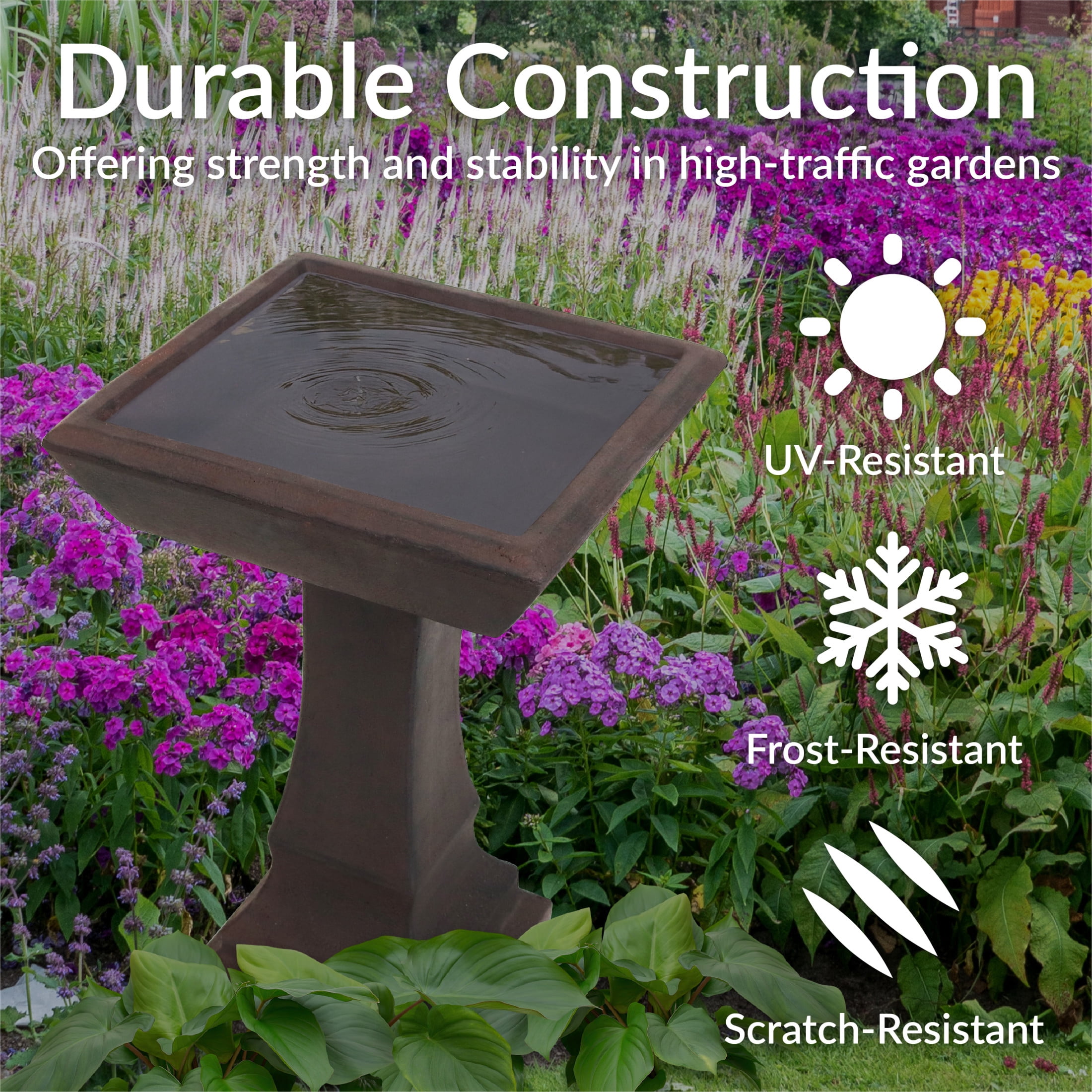 Sunnydaze Simply Square Freestanding Glass Fiber Reinforced Concrete Outdoor Bird Bath, Brown