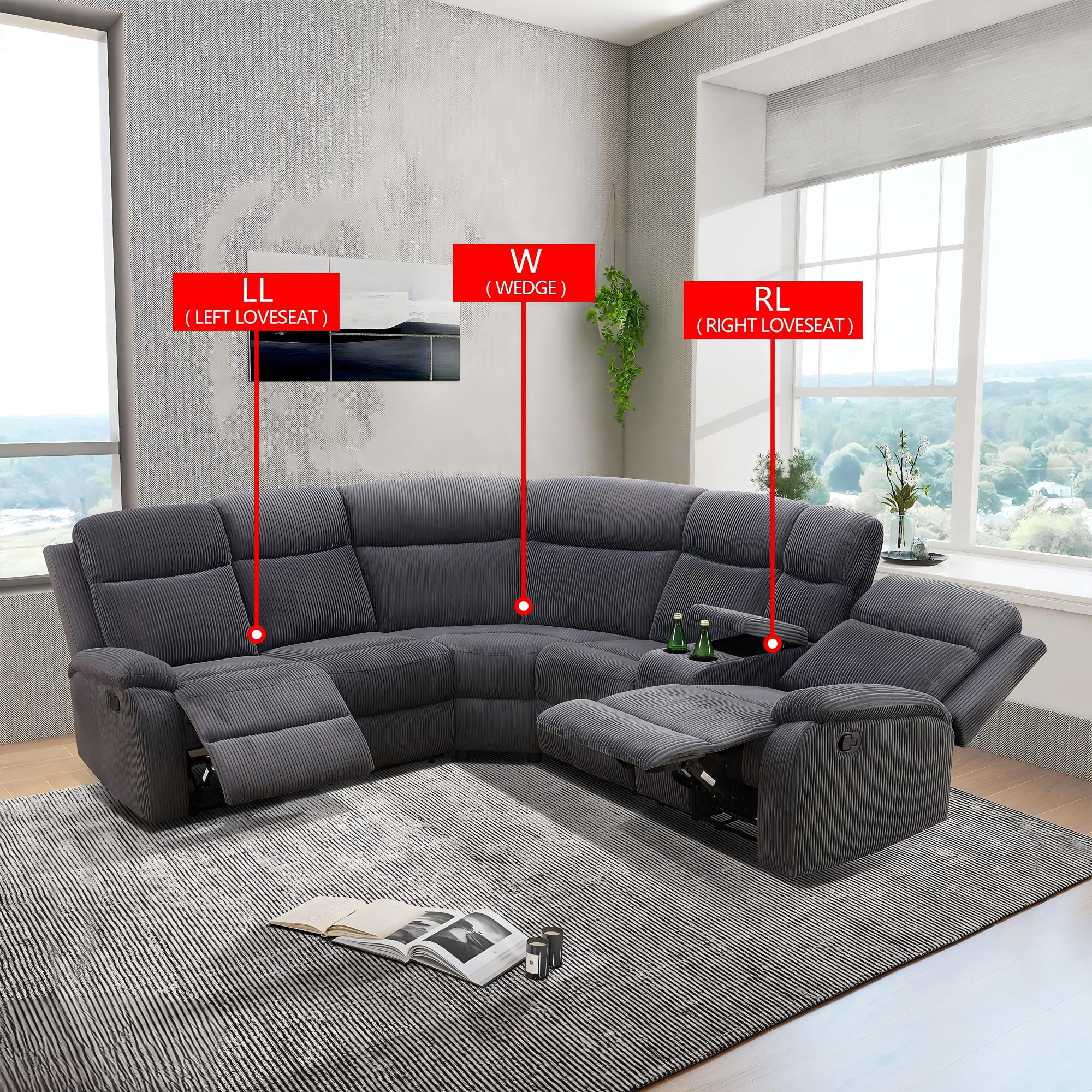 Gewnee Oversize Recliner Sofa Set – Multi-Functional Intelligent Sofa with Adjustable Backrest,Cup Holders,Storage Console,for Living Room,Office.Dark Grey Stripe