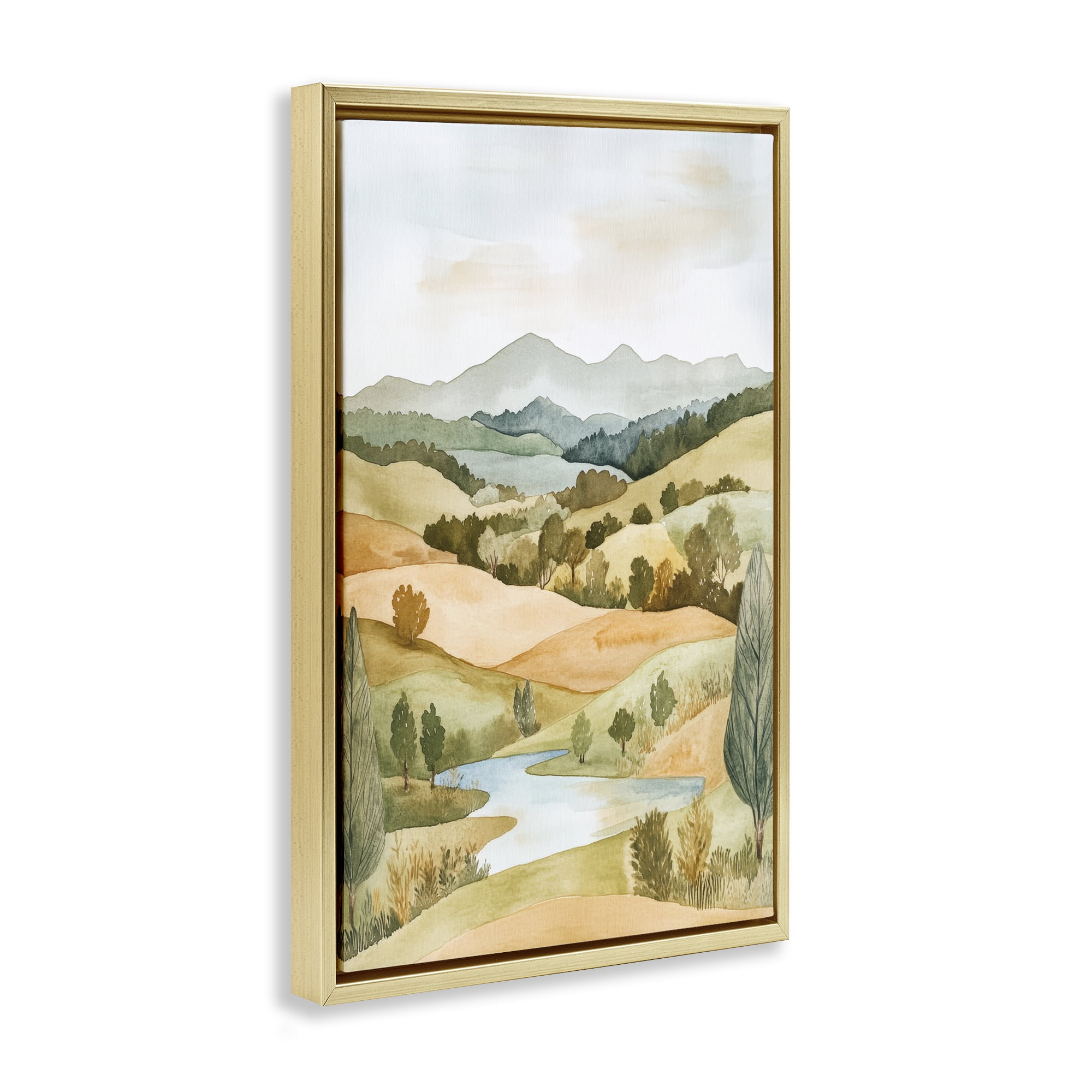 Stupell Industries Watercolor Hills & Tranquil Valley Gold Framed Floater Canvas Wall Art, design by Petal Prints Design