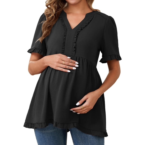 Blusas de maternidad para mujeres INSPIRE CHIC, con volantes, cuello en V, de manga corta, camisetas sueltas y fluidas, ropa casual 2025, negra, pequeña