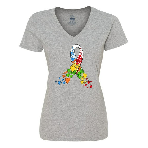 Inktastic Autism Awareness Red Yellow Green Orange Blue Heart Ribbon Women's V-Neck T-Shirt