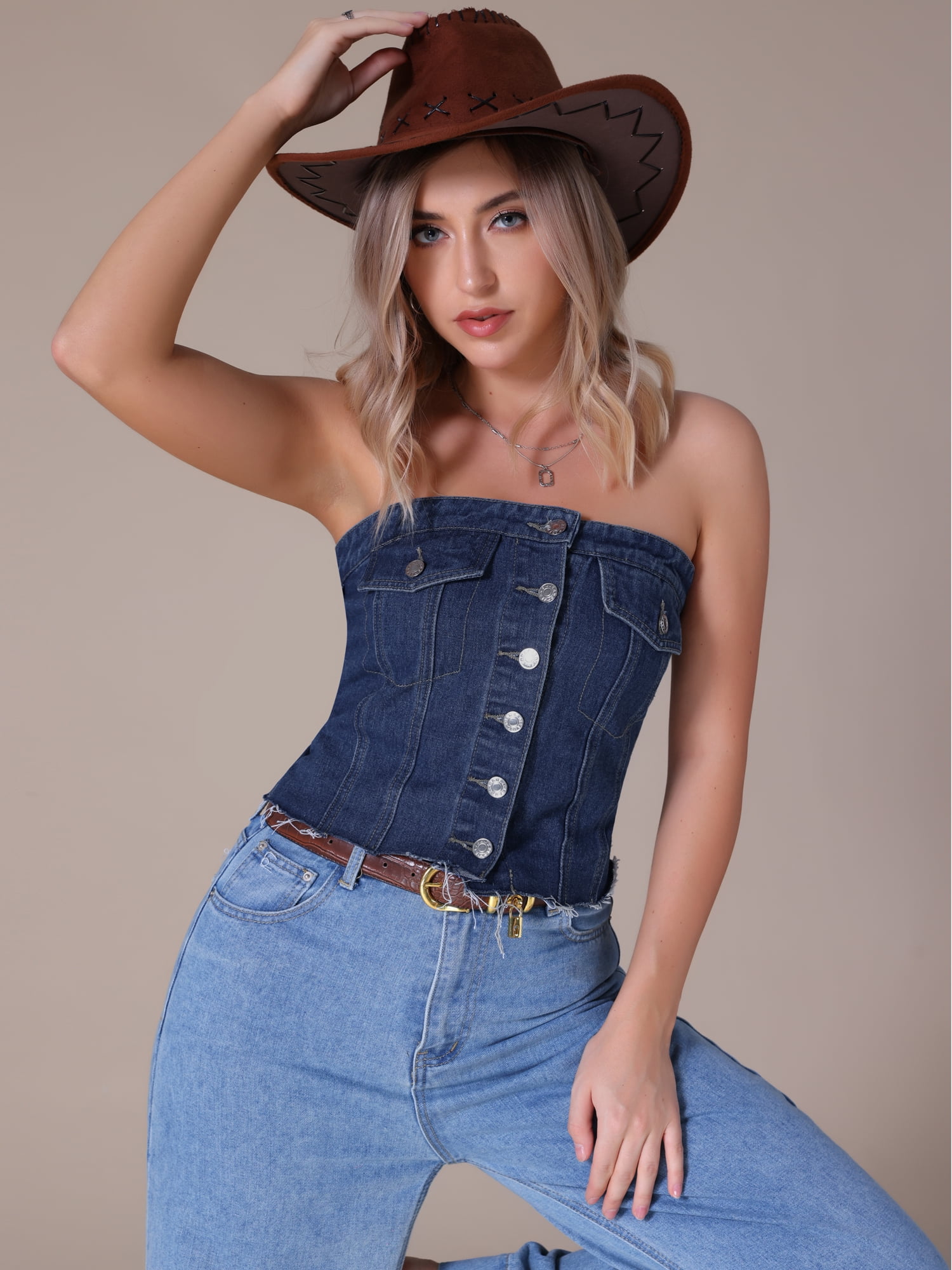 DARING DIVA Denim Tube Button Front Raw Hem Crop Strapless Bandeau Top S Dark Blue