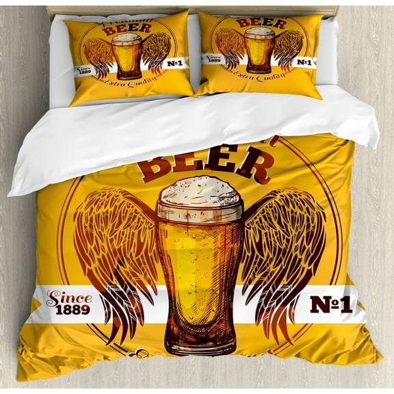 Bar Duvet Cover Set King Size, Premium Beer Logo Quality with Wings Booze Relax Lager Grunge Graphic, Decorative 3 Piece Bedding Set with 2 Pillow Shams, Earth Yellow Cinnamon White, by Ambesonne