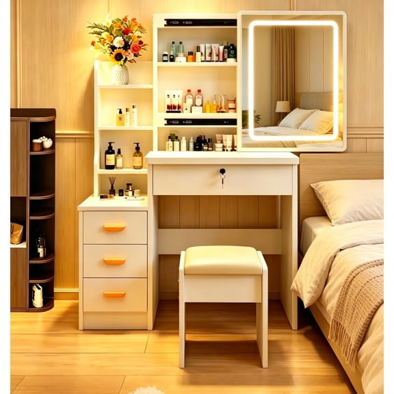 Vanity Set with LED Mirror, Makeup Vanity Table with Stool and Storage Drawers, Dressing Table with 3-Color Lights for Bedroom – White