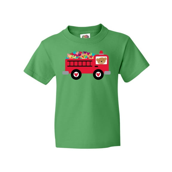 Inktastic Valentine Fire Truck Heart Bear Youth T-Shirt
