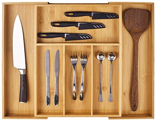 Wooden Drawer Dividers Organizer for Kitchen Utensils and Flatware Bamboo Drawer Organizer 4-6 Slots Expandable Silverware Drawer Organizer and Cutlery Tray 