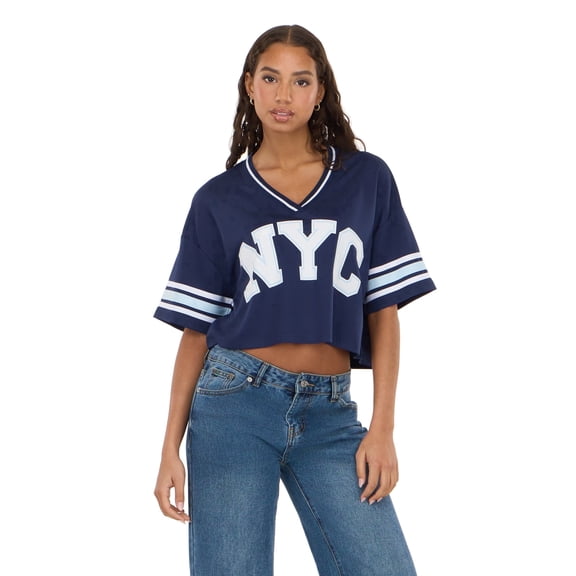 Forever 21 Women’s Mesh Cropped Boxy Football Tee, V-Neck Short Sleeve Varsity-Style Top with Striped Sleeves and Screen Graphic, XS-XL