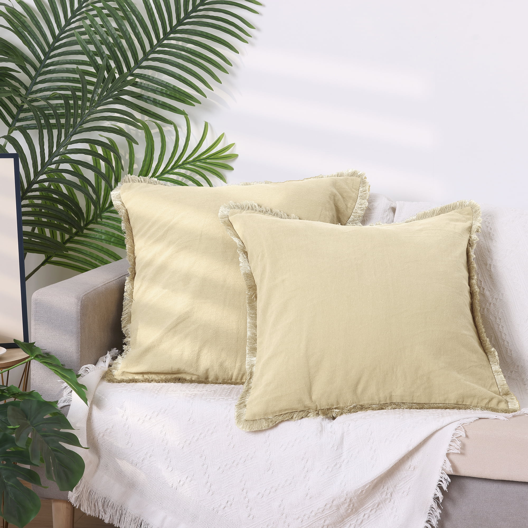 Unique Bargains 4 Pcs Cotton Throw Pillow Cover with Tassel Trim for Home Decor Beige 16" x 16"