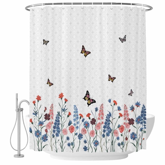 54x78 Inch Shower Curtain Decorative Spring Floral Butterfly Bathtub Bath Curtains Fabric Waterproof Bathroom Decor, Farmhouse Flowers Botanical Small Stall Shower Curtain Set with 12 Hooks