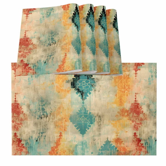 Orange Teal Red Placemats for Dinning Table Set of 6, Boho Ethnic Abstract Splashing Art Burlap Kitchen Place Mats Waterproof Cloth Table Mats, Indoor Outdoor Placemats Easy Clean Dinner Decor