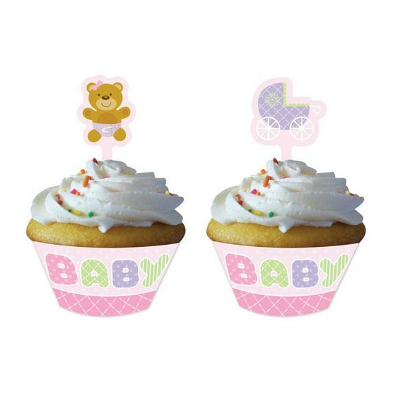 Pink Teddy Bear Baby Shower Cupcake Wrappers with Picks - 12 Pack (198610)