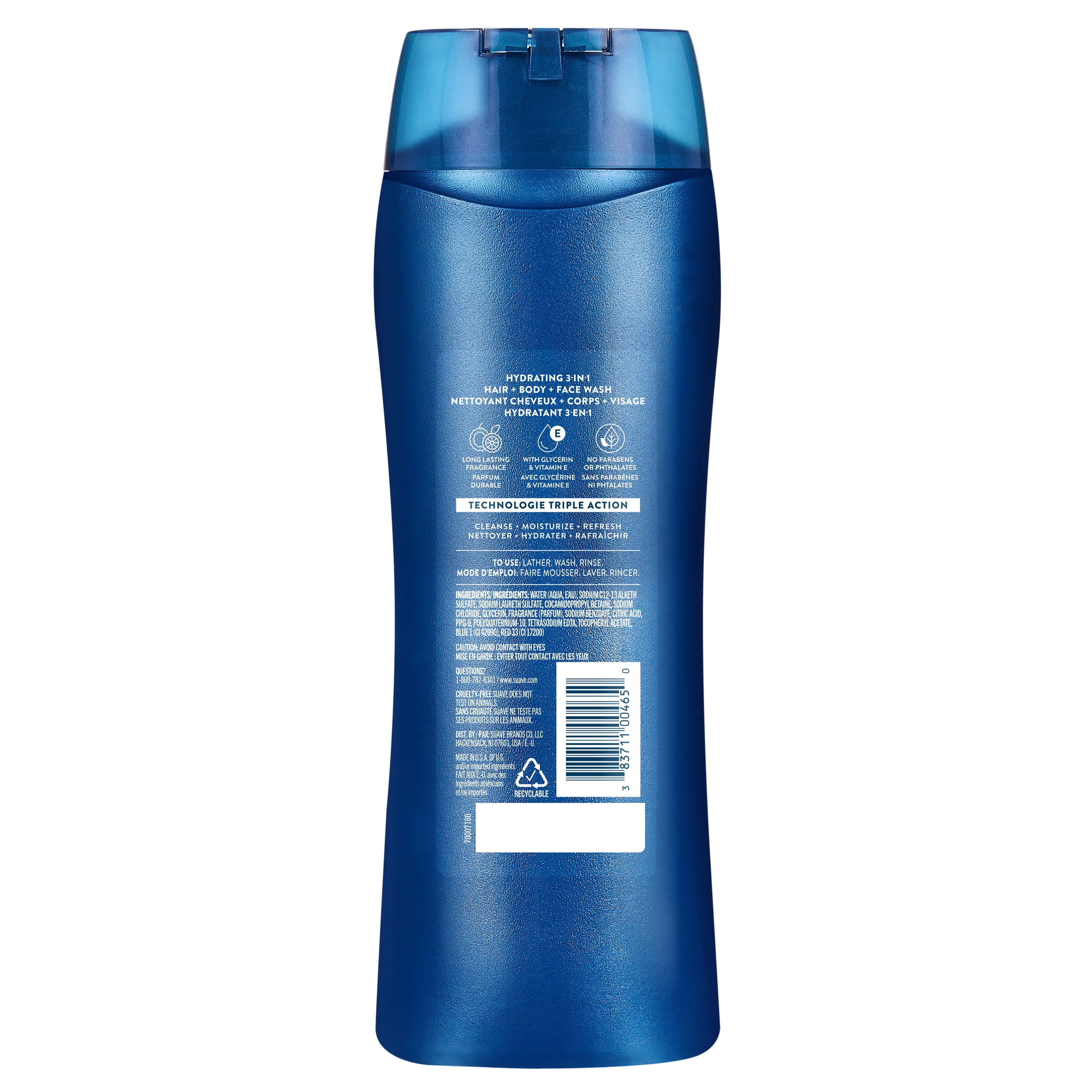 Nettoyant 3 en 1 pour le corps Suave pour hommes, nettoyant pour les cheveux, le visage et le corps, savon pour le corps pour une peau et des cheveux hydratés, un parfum frais toute la journée, 532ml