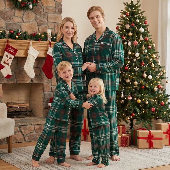 Family Matching Christmas Pajamas Set with Dog Green Red Plaid Button Down Long Sleeve Sleepwear