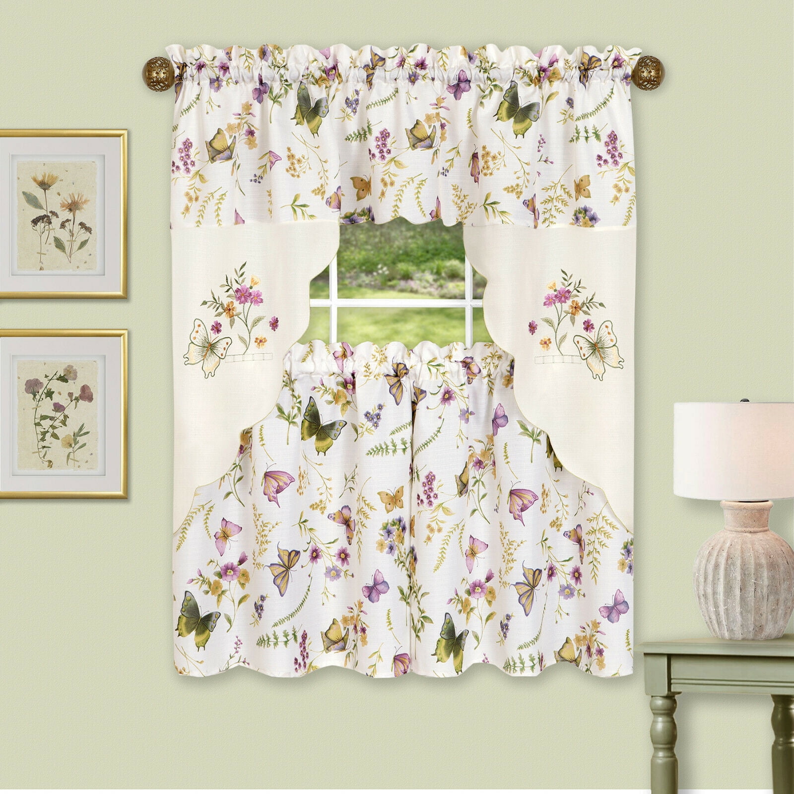 Kate Aurora Floral Butterflies Kitchen Curtains, 29” x 36” (2 Panels)