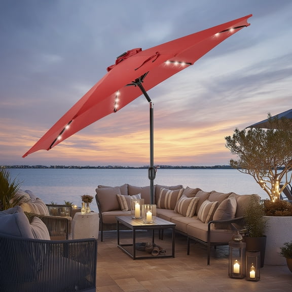 EDX 10ft Solar Polyester 32 LED Lighted Patio Umbrella with Tilt Adjustment and UV-Resistant Fabric,Red