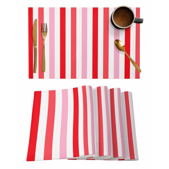 Placemats Set of 8, Red Pink Stripe Woven Placemat, Linen Place Mats for Kitchen/Dining Tables, Geometric White Vertical Striped Washable Table Mats for Party