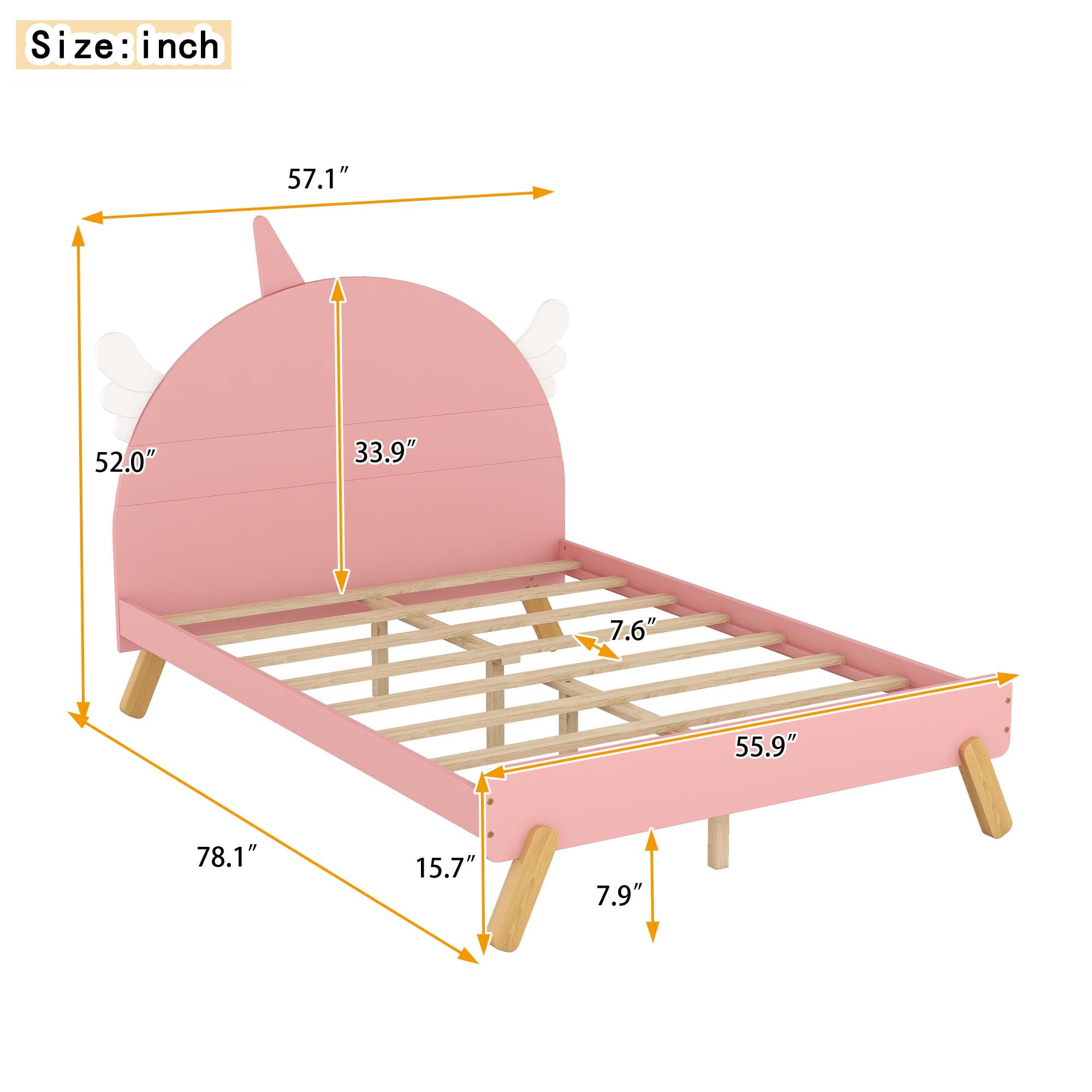 Aukfa Platform Bed with Unicorn Horn Headboard for Kids, Wood Full Size Bed Frame - Pink