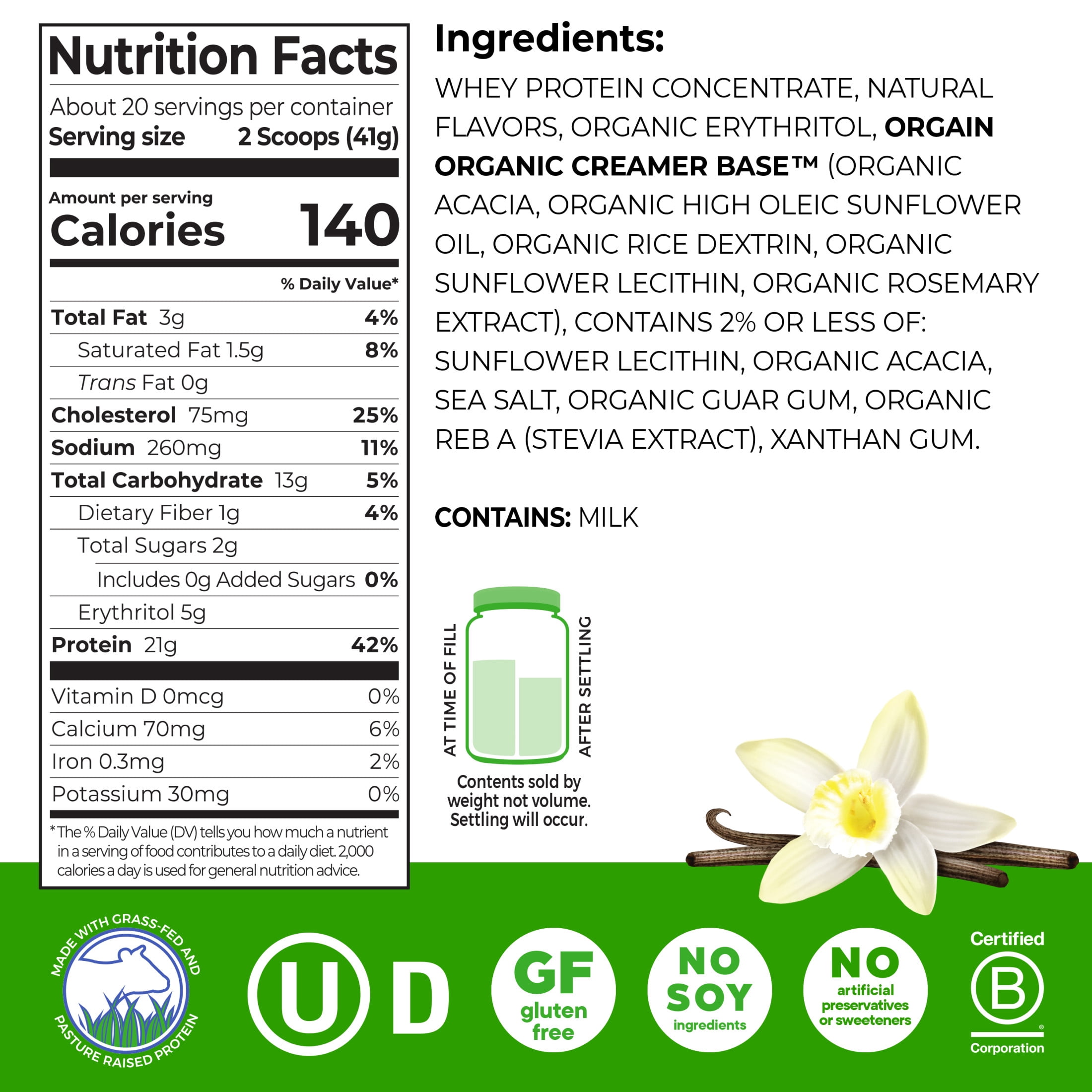 Orgain Grass Fed 21g Whey Protein Powder- Pasture Raised, Non-GMO, Vanilla 1.82lb