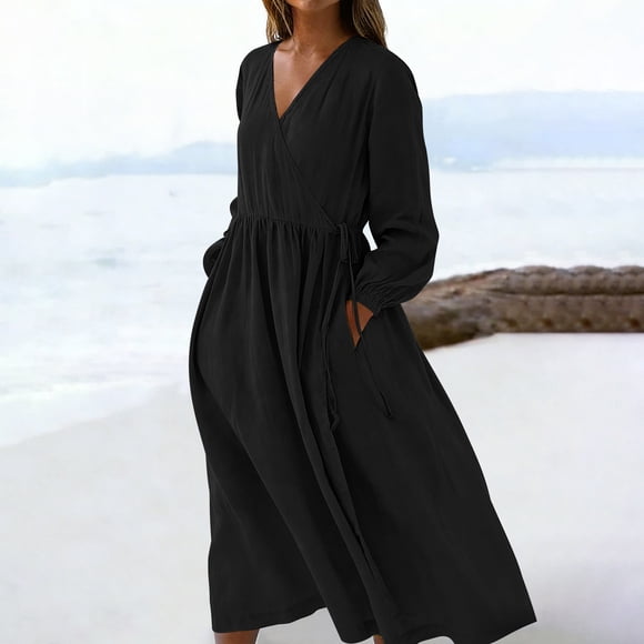 YFNNUP Cotton Linen Summer Dress for Women Loose Fit V Neck Dresses Pleated Tunic Sundress Beach Vacation Sundresses with Pocket Black XXL