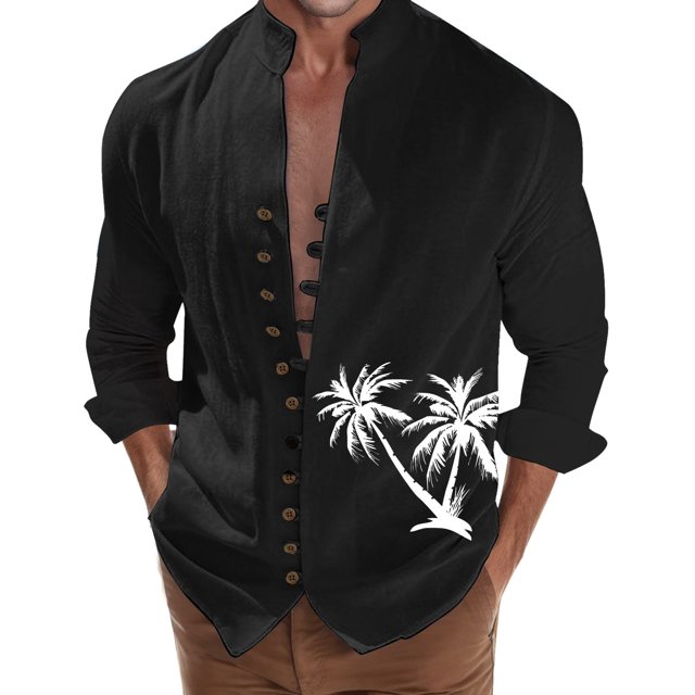 Camisas Manga Larga Hombre Camisa de manga larga con estampado 3D digital y cuello con botones sueltos para ocio en la playa para hombre (Black, XL)