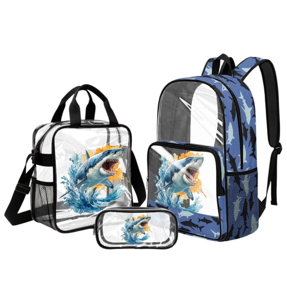 Kuiaobaty 3 Pcs Clear Backpack and Lunch Bag Set for Teen Boys Large Capacity Clear Backpack and Pencil Case Lightweight School Bag with Lunch Box for School Stadium, Water Fire Shark Print