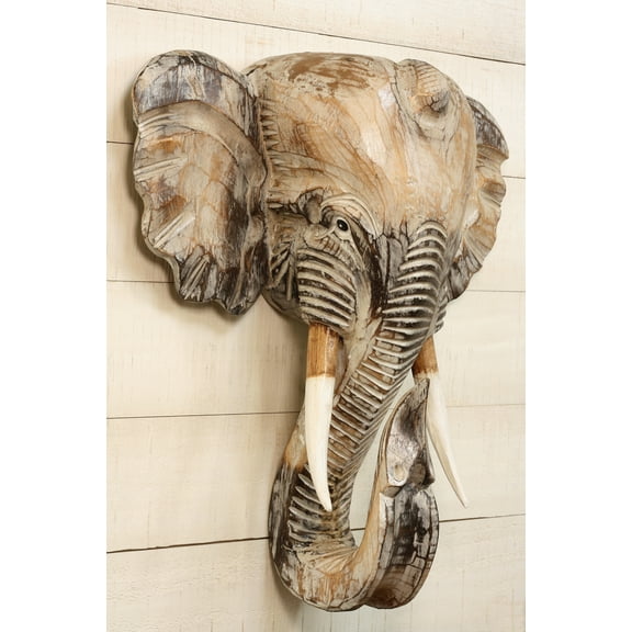 G6 Collection Wooden Whitewashed Elephant Bust Wall Statue Sculpture Hanging Home Decor Hand Carved Handmade Accent Decoration Wood Size: 12" tall x 12" wide x 4.5" deep