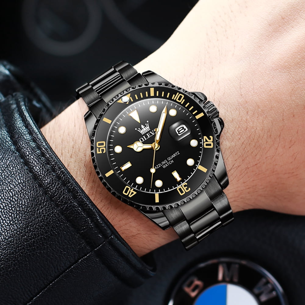 OLEVS Watches for Men Business Dress Luxury Casual Analog Quartz Stainless Steel Waterproof Luminous Date Men Wrist Watches reloj para hombre Black Dial