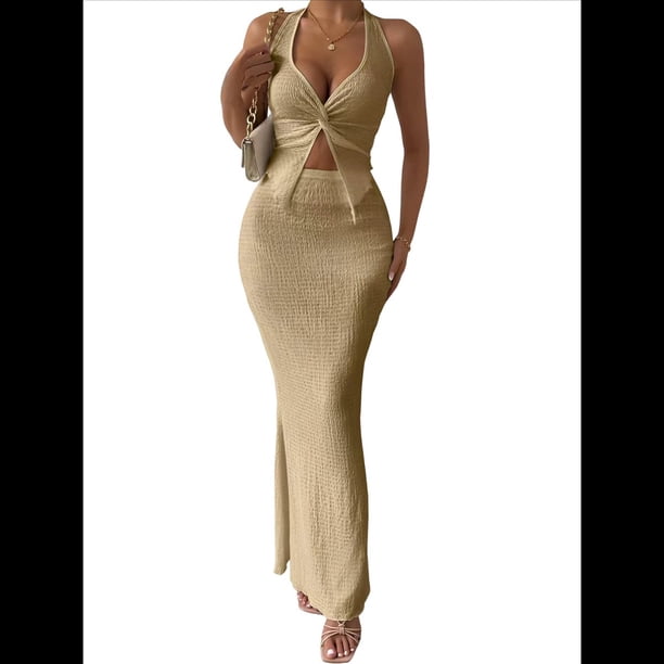 Conjunto de Dos Piezas para Mujer: Top con Cuello Halter y Falda con Frontal, Conjunto de Verano. Caqui XL