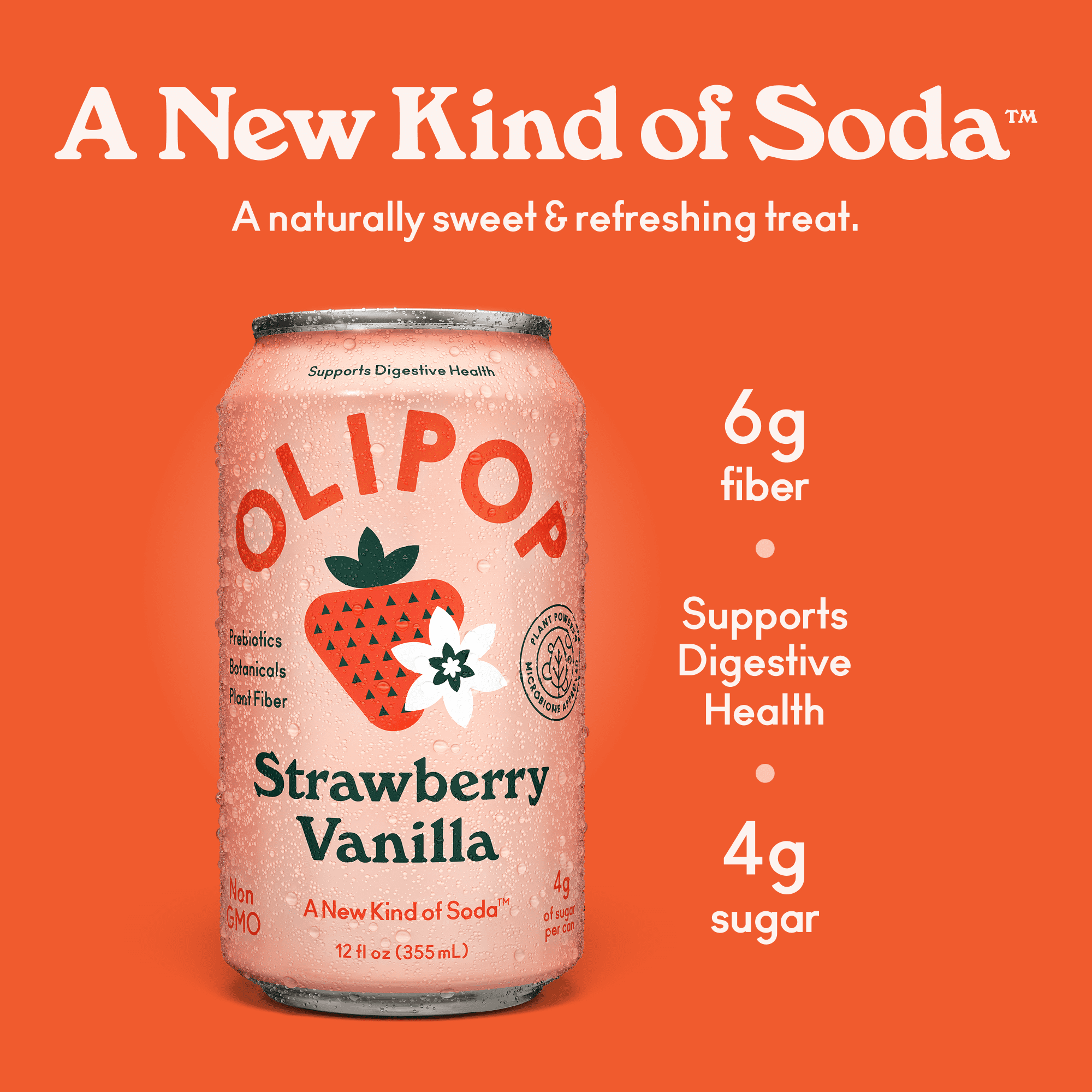 (6 pack) OLIPOP Prebiotic Soda, Strawberry Vanilla, 12 fl oz, 4 Pack, Pantry Packs (24 Total Cans)