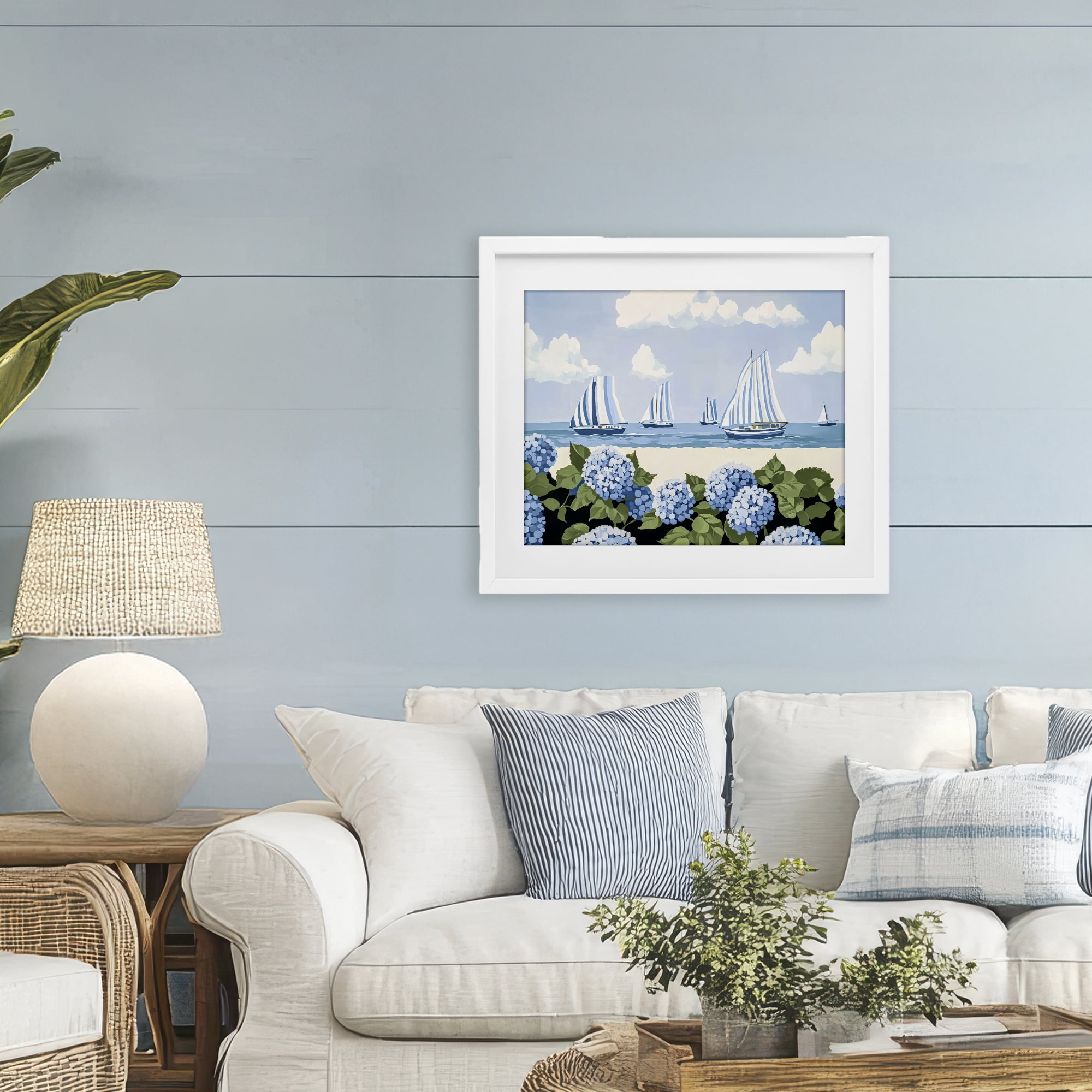Stupell Industries Striped Sails & Seaside Hydrangeas White Framed Print Under Glass, design by Sisi and Seb