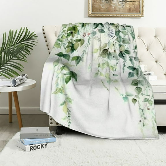 JRXY Cute Green Botanical Floral Weighted Thick Throw Blanket for Couch, Spring Nature Tropical Sage Green Plant Leaf Soft Chunky Flannel Blanket for Bed Office White