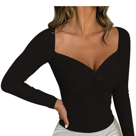 

NECHOLOGY Womens Spring Tops Woman Fashion Corset Front Cross Wide Collar Long Fitness Clothing for Women plus Size Black Small