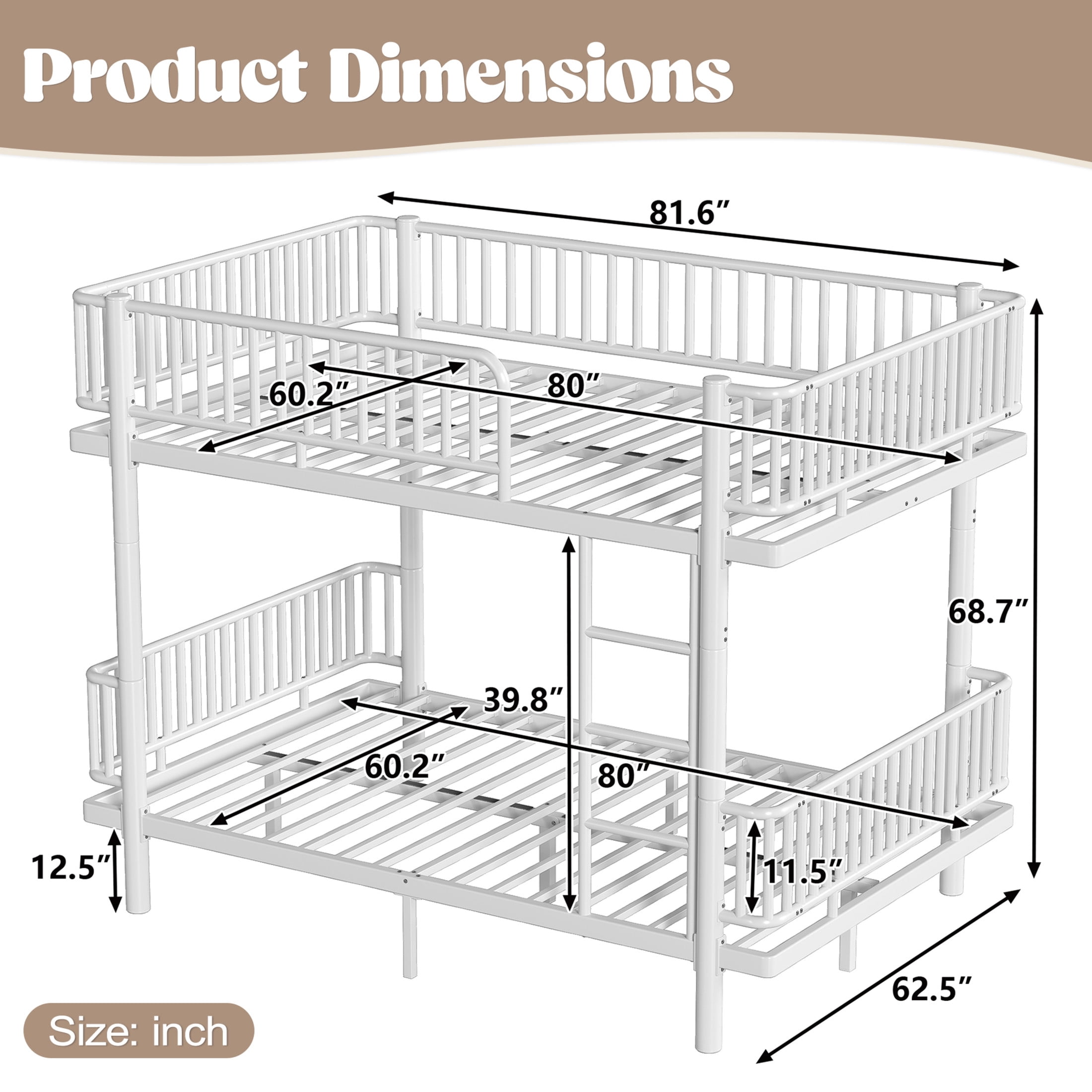 Noble House Queen over Queen Bunk Bed with Guardrails and Ladder, Can Separate into 2 Platform Beds, White