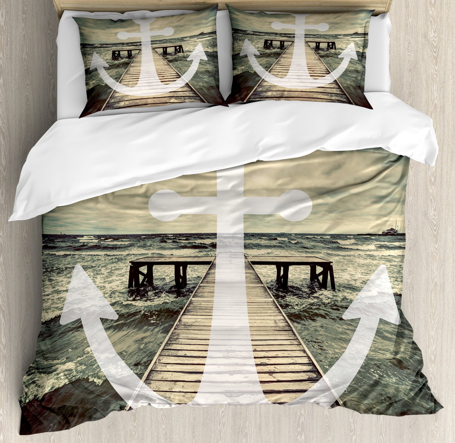 Nautical Duvet Cover Set Anchor Print In Ocean Waves With Long