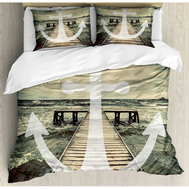 Nautical Duvet Cover Set King Size, Anchor Print in Ocean Waves