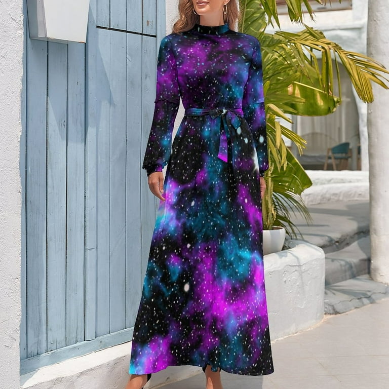 2024 Blue And Purple Galaxy Dress Neon Print Sexy Maxi Dress Korean Fashion Beach Long Dresses High Waist Custom Vestido