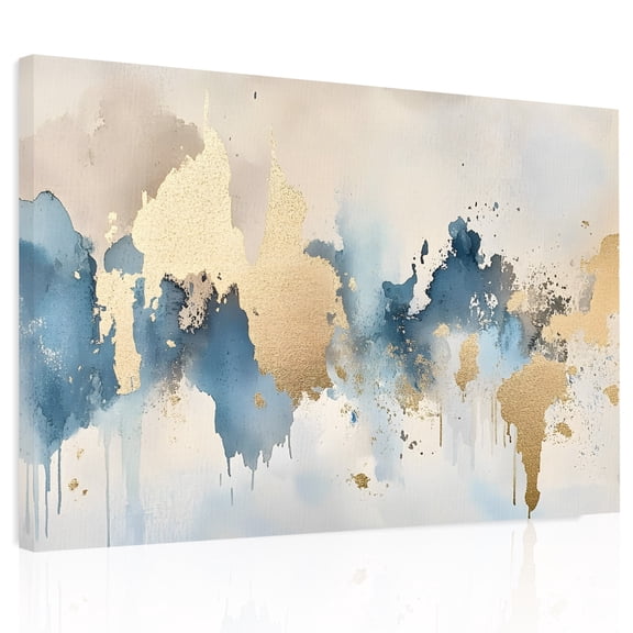 Light Blue Gold Abstract Canvas Print Wall Art, Modern Art Oil Painting Style Ombre Wall Decor Modern Artwork Paintings Pictures for Living Room Framed and Stretched Ready to Hang, 16" x 20"