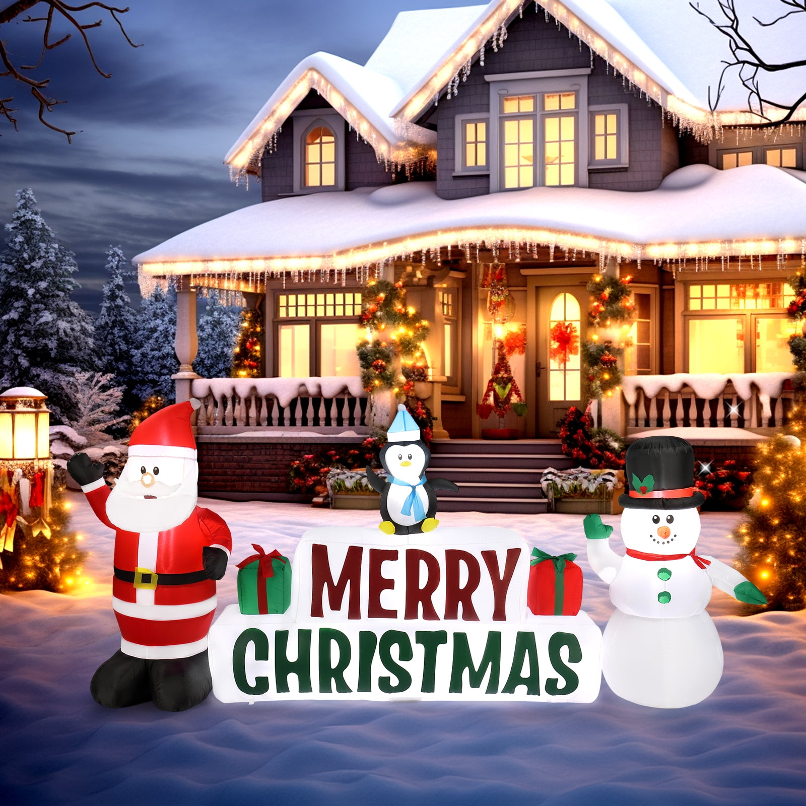 Christmas Inflatable Santa and Snowman Holding Merry Christmas Sign