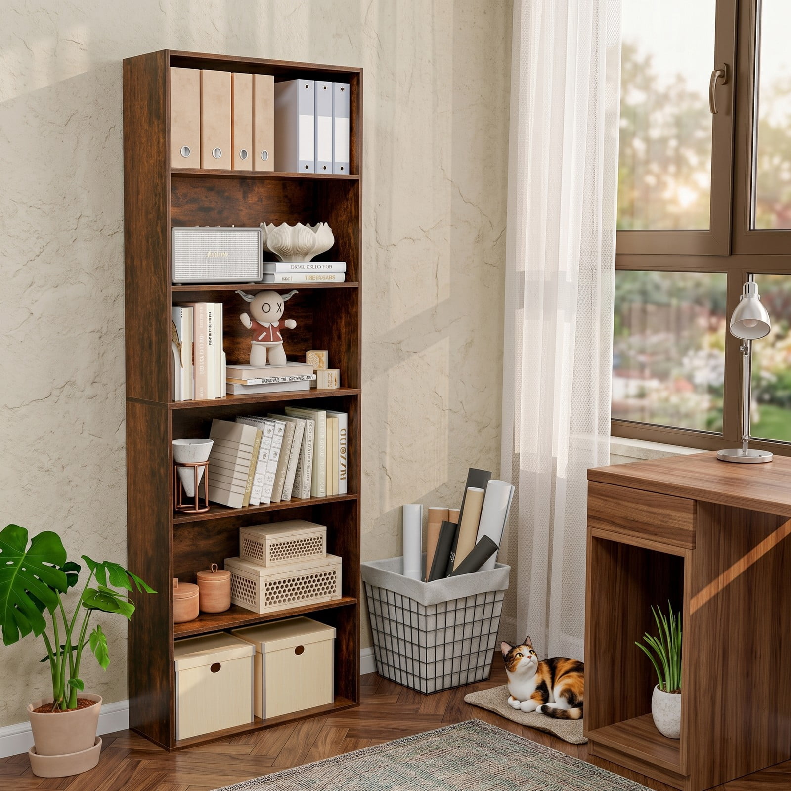Furnibear 6-Tier Tall Bookcase with 6 Open Shelves, Freestanding Wood Bookshelf Storage Organizer with Anti-Toppling Kits for Living Room Study Home, Rustic Brown