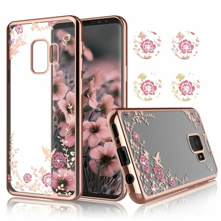 Galaxy S10 Plus / S10 / S10e / S9 Plus / S9 / Note 9 / S8 Plus / S8 / S7 Edge / S7 Case, Njjex Glitter Sparkly Diamond Secret Garden Floral Butterfly Clear Back Soft TPU Case Bling Shiny (Best Case For Note Edge)